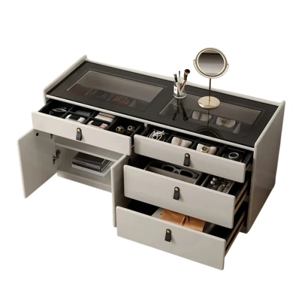Linea Dresser - Off white (4) Open drawers displaying jewelry and accessories.