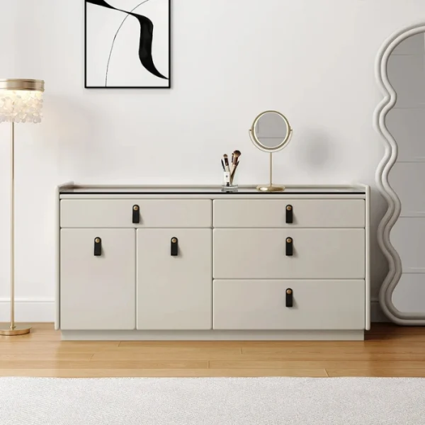 Linea Dresser - Off white Linea Dresser in off-white with dark glass top, organizer drawers, and leather-look pulls