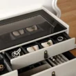 Top view of black glass surface with organized compartments.