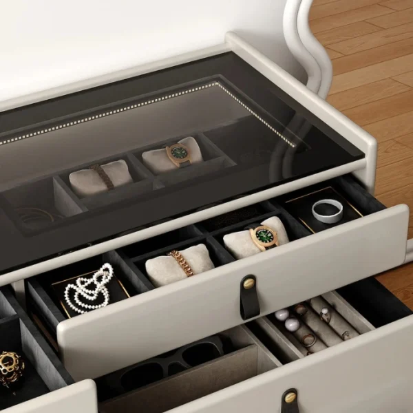 Linea Dresser - Off white (7) Top view of black glass surface with organized compartments.