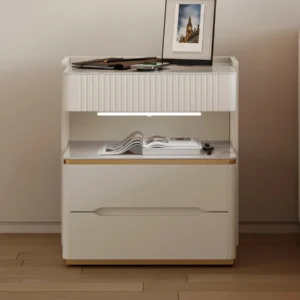 Linea Side table – Off white (2) Linea Side Table - Sleek off-white design with ribbed texture, gold accents, and ample storage.