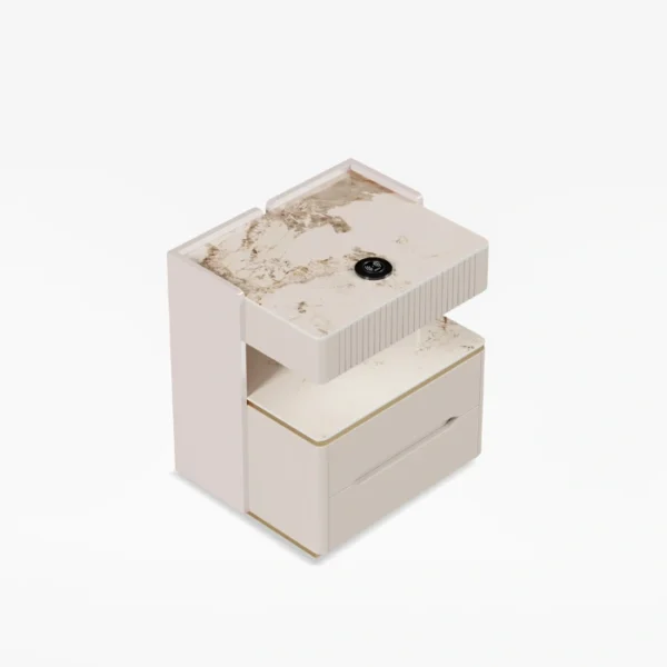 Linea Side table - Off white (5) angled view of off-white table with marble top, charging pad, and gold base trim.