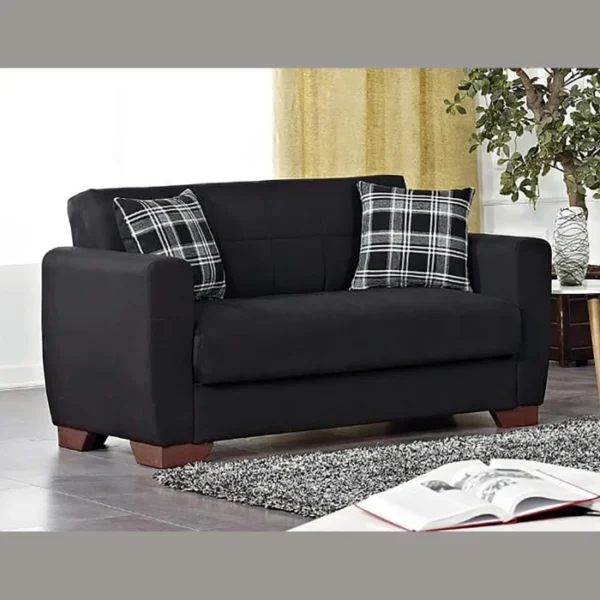 Marlo Living room Set - Black 2 Seater Room setting with compact black 2-seater and two plaid throw pillows.