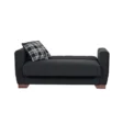 black 2-seater laid flat like a chaise, with plaid cushion.