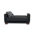 black 2-seater laid flat like a chaise, with plaid cushion.