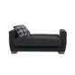 black 2-seater laid flat like a chaise, with plaid cushion.