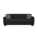 Front view of black 3-seater on white background, tufted seat with plaid pillows.