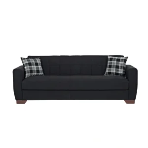 Front view of black 3-seater on white background, tufted seat with plaid pillows.