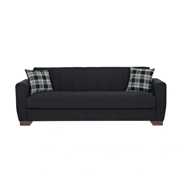 Front view of black 3-seater on white background, tufted seat with plaid pillows.