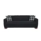 Front view of black 3-seater on white background, tufted seat with plaid pillows.