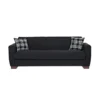 Front view of black 3-seater on white background, tufted seat with plaid pillows.