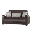 Two-seater brown fabric/leatherette sofa with three patterned cushions, front view on white background.