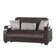 Two-seater brown fabric/leatherette sofa with three patterned cushions, front view on white background.