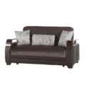 Two-seater brown fabric/leatherette sofa with three patterned cushions, front view on white background.