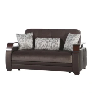 Two-seater brown fabric/leatherette sofa with three patterned cushions, front view on white background.