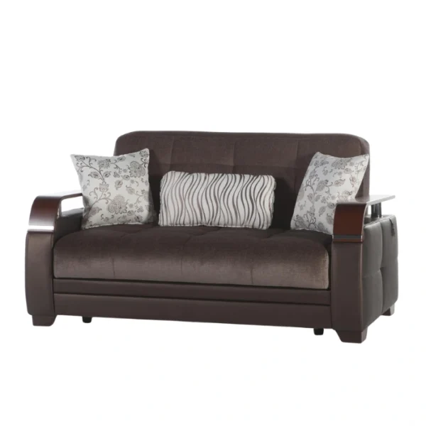 Modena Living room set - 2 seater Two-seater brown fabric/leatherette sofa with three patterned cushions, front view on white background.