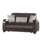 Two-seater brown fabric/leatherette sofa with three patterned cushions, front view on white background.