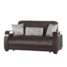 Two-seater brown fabric/leatherette sofa with three patterned cushions, front view on white background.