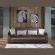 Modena living room set -Brown three-seater sofa with tufted cushions, wood-trim arms and patterned pillows