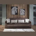 Modena living room set -Brown three-seater sofa with tufted cushions, wood-trim arms and patterned pillows