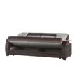 Dark brown sofa showing lift-up seat revealing hidden storage compartment, three cushions along backrest.