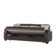 Dark brown sofa showing lift-up seat revealing hidden storage compartment, three cushions along backrest.
