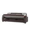 Dark brown sofa showing lift-up seat revealing hidden storage compartment, three cushions along backrest.