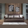 Modena living room set -Brown three-seater sofa with tufted cushions, wood-trim arms and patterned pillows