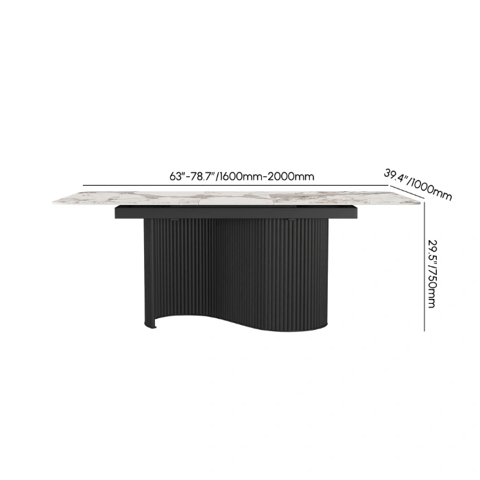 extendable marble dining table front view on fluted base