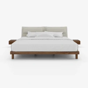 Nordic Haven Bed – modern bed with upholstered headboard and wooden frame in a minimal bedroom setup.