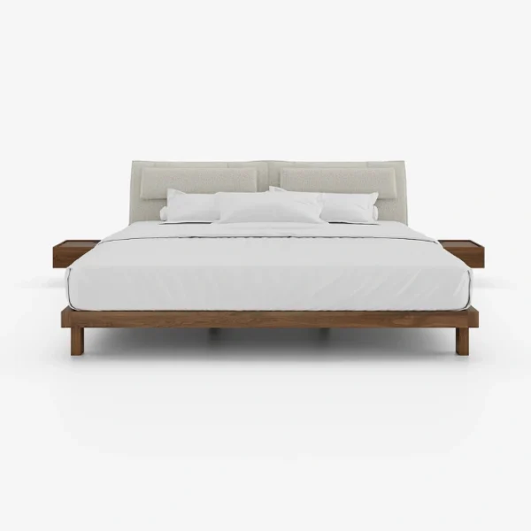 Nordic Haven Bed (4) Nordic Haven Bed – modern bed with upholstered headboard and wooden frame in a minimal bedroom setup.