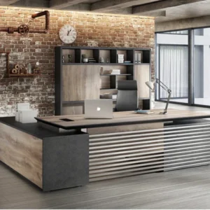 Executive office with Oak Back Wall behind desk, showcasing mixed shelving, sliding panels, decor.