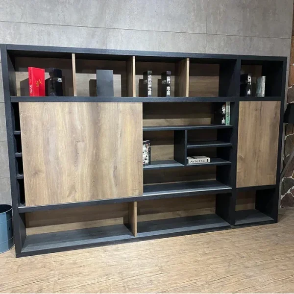 Oak-Back-Wall-4-600x600 Oak Back Wall cabinet featuring sliding wood panels, cubby shelving, and black matte frame.