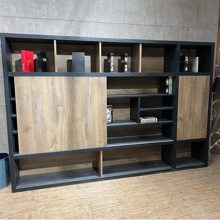 Oak Back Wall cabinet featuring sliding wood panels, cubby shelving, and black matte frame.