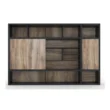 Modern oak and charcoal office back wall cabinet with sliding doors and open shelves.