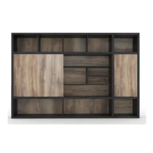 Modern oak and charcoal office back wall cabinet with sliding doors and open shelves.