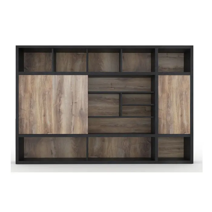 Modern oak and charcoal office back wall cabinet with sliding doors and open shelves.