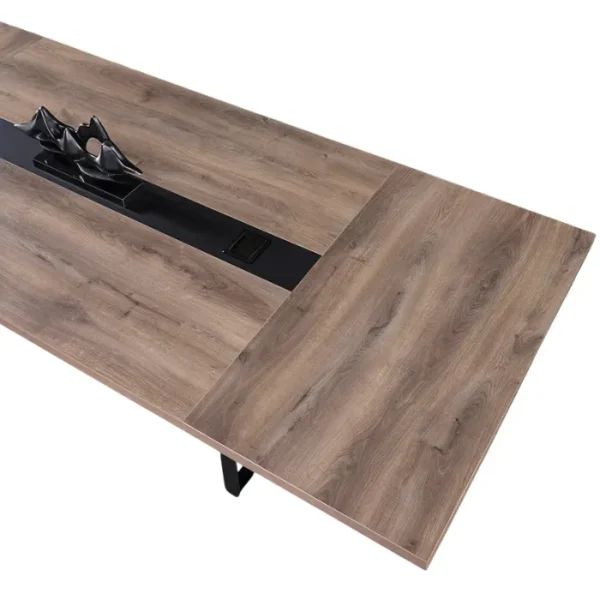 Oak-Boardroom-Table-5-600x600 Oak Boardroom Table top detail showing wood grain and central cable management panel