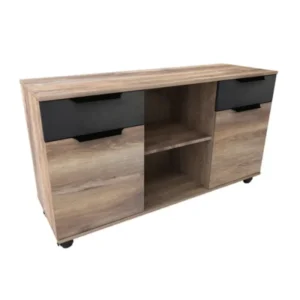 Oak Credenza with casters, dual cabinets, black drawer fronts, and center open shelf