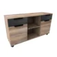 Oak Credenza with casters, dual cabinets, black drawer fronts, and center open shelf