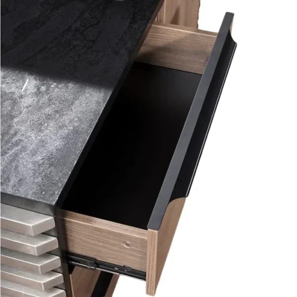 Oak-Slate-Executive-Desk-3-600x600 Open drawer beneath slate desktop showing smooth black interior storage space.