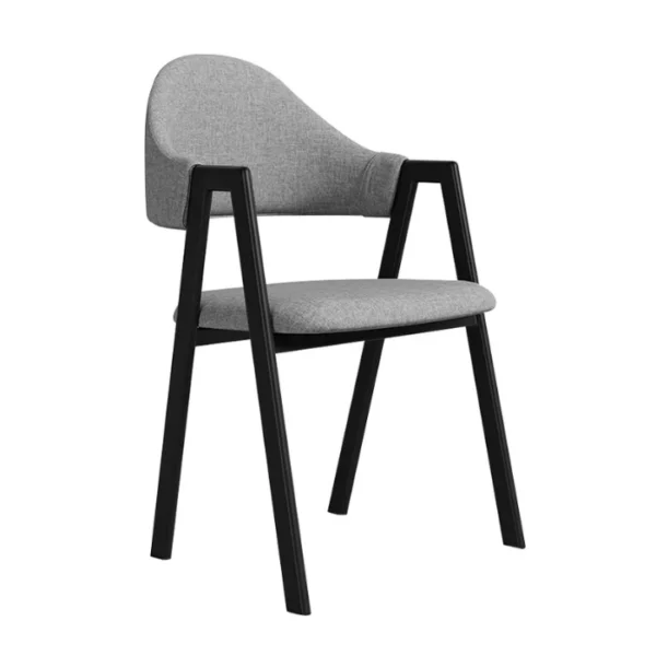 Oaklin chair -Three-quarter view of a grey upholstered dining chair with black A-frame arms on a white background.