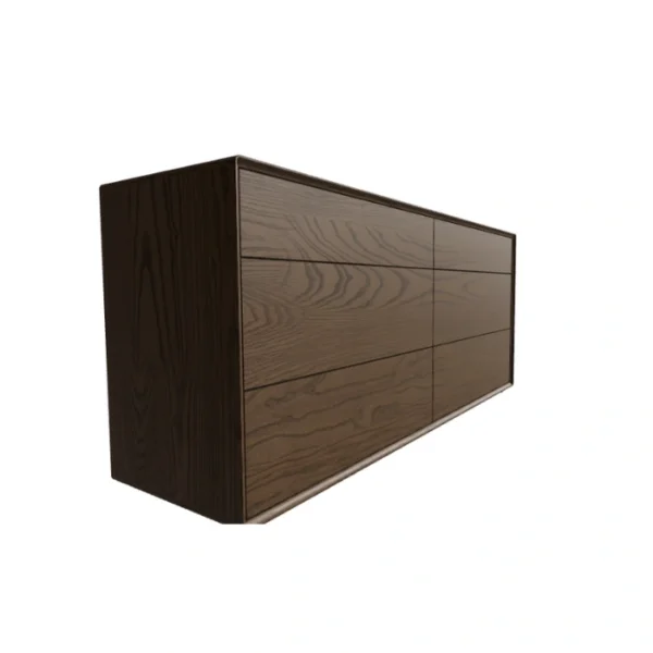 Oslo Dresser - Brown (2) Oslo Dresser – angled view of brown wooden dresser showcasing six drawers and rich wood grain detailing.