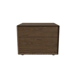 Oslo Side Table – front view of brown wooden side table featuring two drawers with a smooth, modern finish.