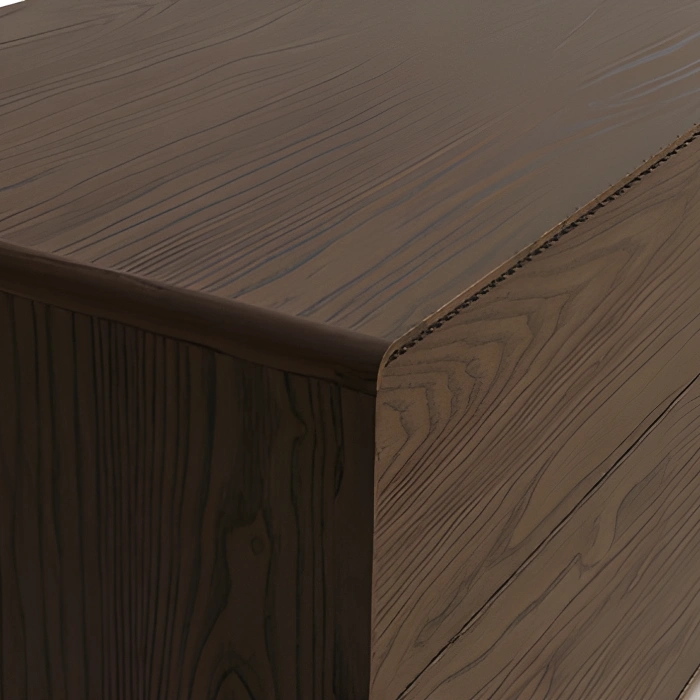 Oslo Side Table – close-up view showing smooth closed edge and detailed wood grain texture on the brown wooden surface.