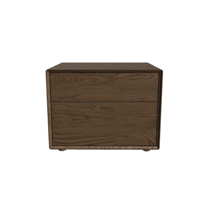 Oslo Side Table – front view of brown wooden side table featuring two drawers with a smooth, modern finish.