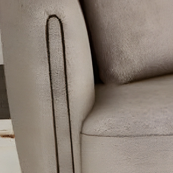 Close-up of beige upholstered sofa arm, showing seam detail, piping, and fabric texture.