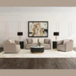 Plush Living Room Set in beige fabric, three-seat sofa with two matching armchairs, round black-and-gold coffee table