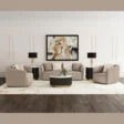 Plush Living Room Set in beige fabric, three-seat sofa with two matching armchairs, round black-and-gold coffee table