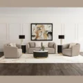 Plush Living Room Set in beige fabric, three-seat sofa with two matching armchairs, round black-and-gold coffee table